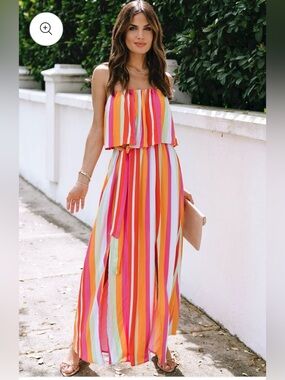 NWT FAROS Stripe Overlay Strapless Maxi Dress with Slits